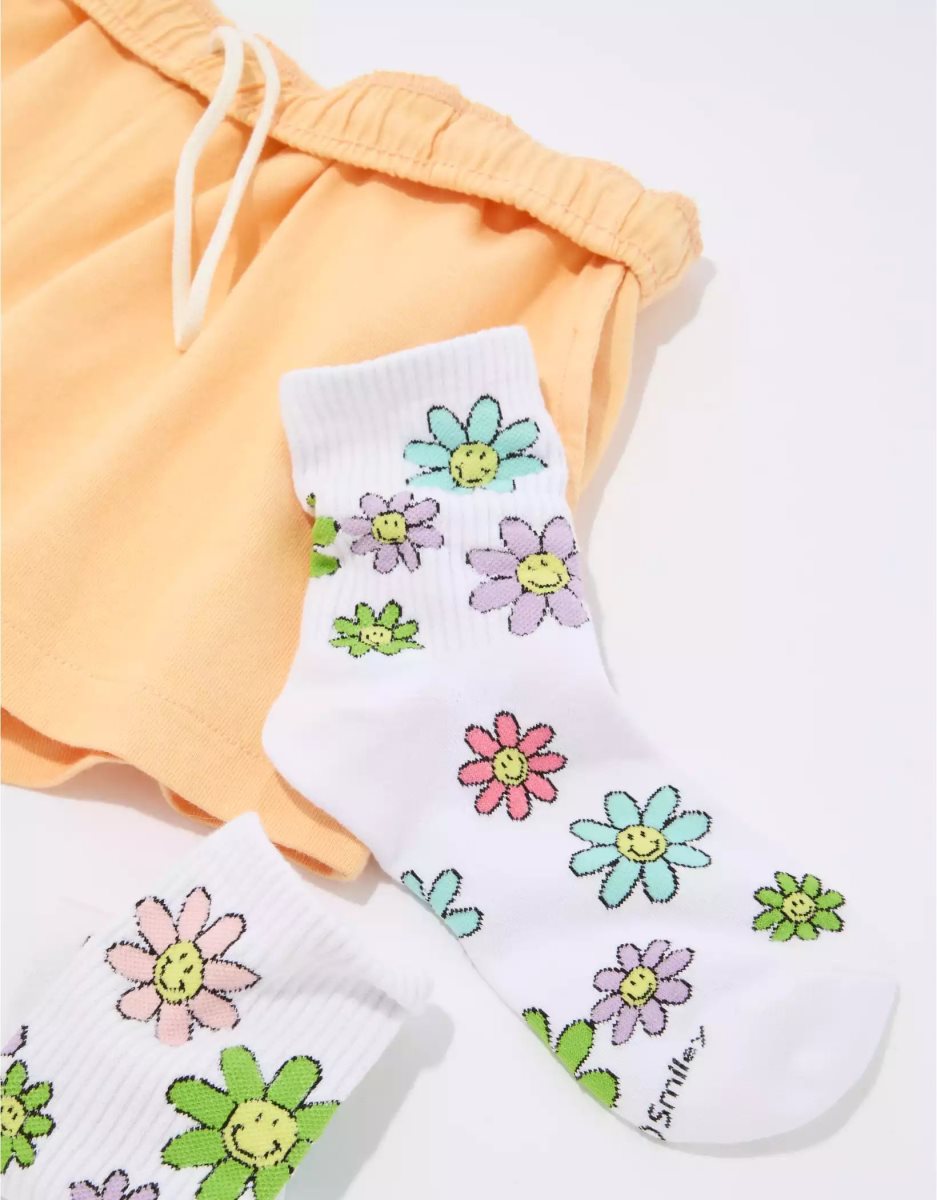 Chaussettes American Eagle AE Flower Smiley '90s Crew Blanche Femme | YYQ-08415639